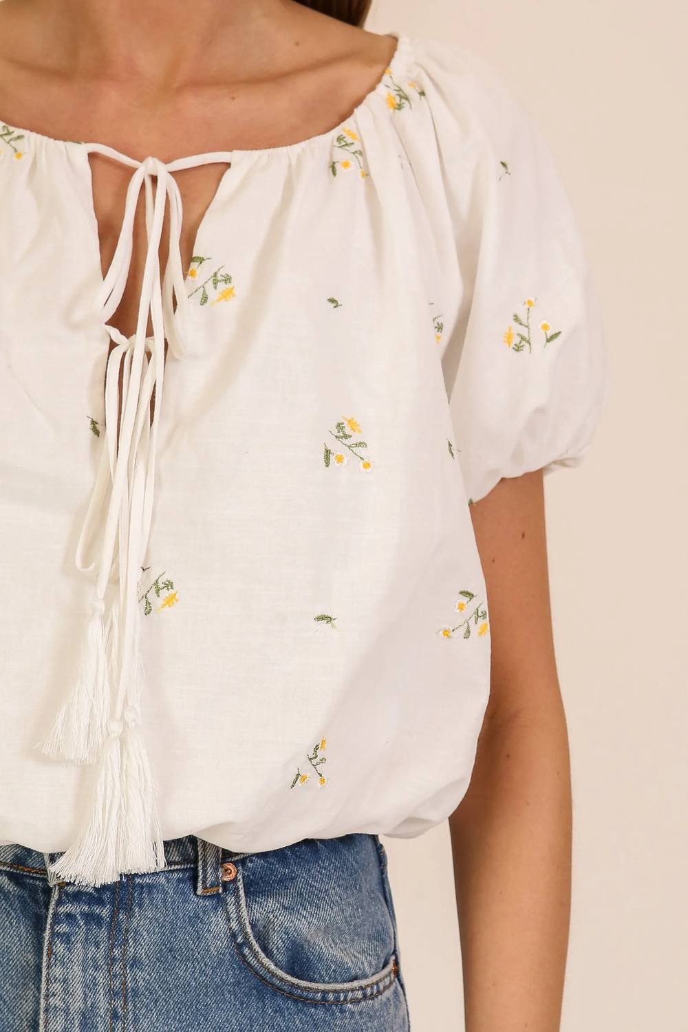 Lumiere - Meadow Bloom Tie-neck Puff Sleeve Top