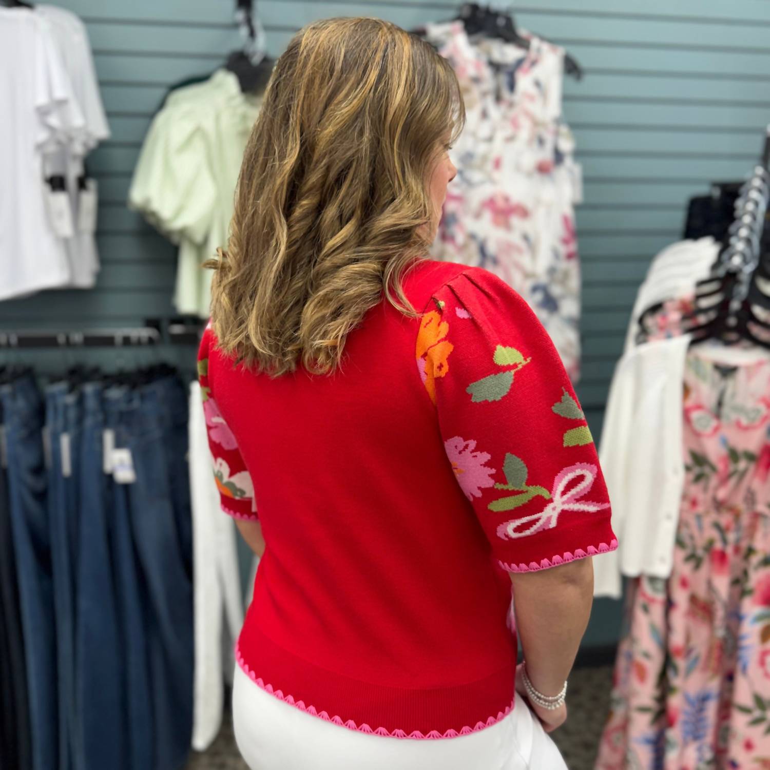 THML Short Sleeve Floral Detail Knit Top in red - women's blouse - alternate view