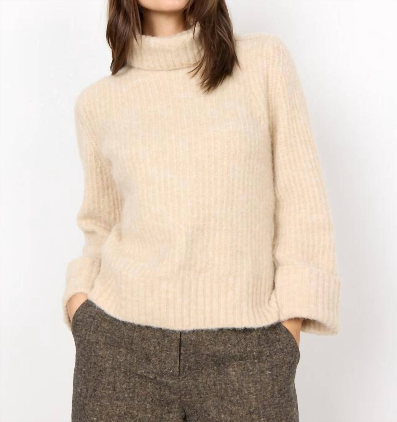 Soya Concept Torino Turtleneck Sweater Top in sand melange - women's sweater - detail view