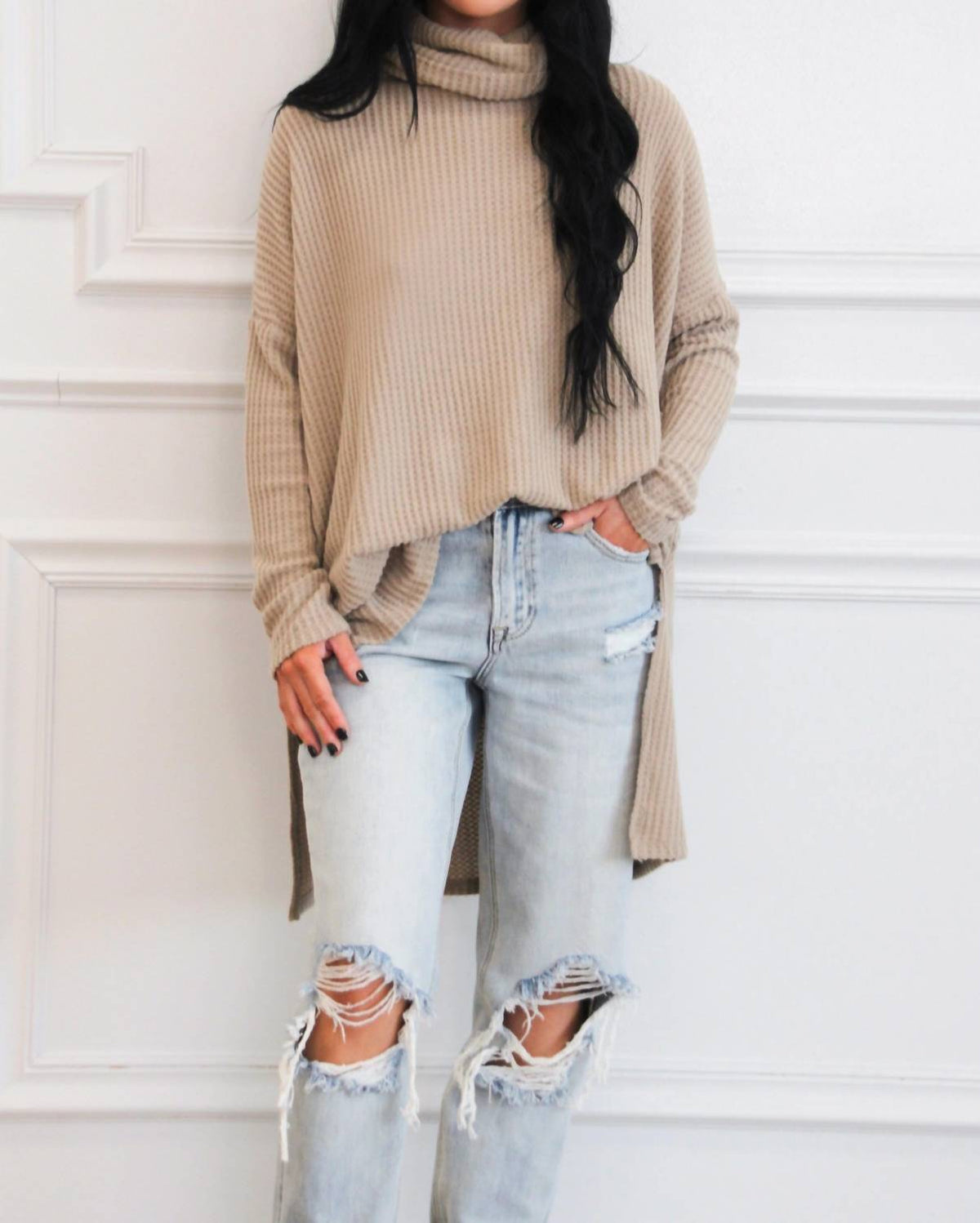Zenana - Oversized Long Sleeves Thermal Sweater