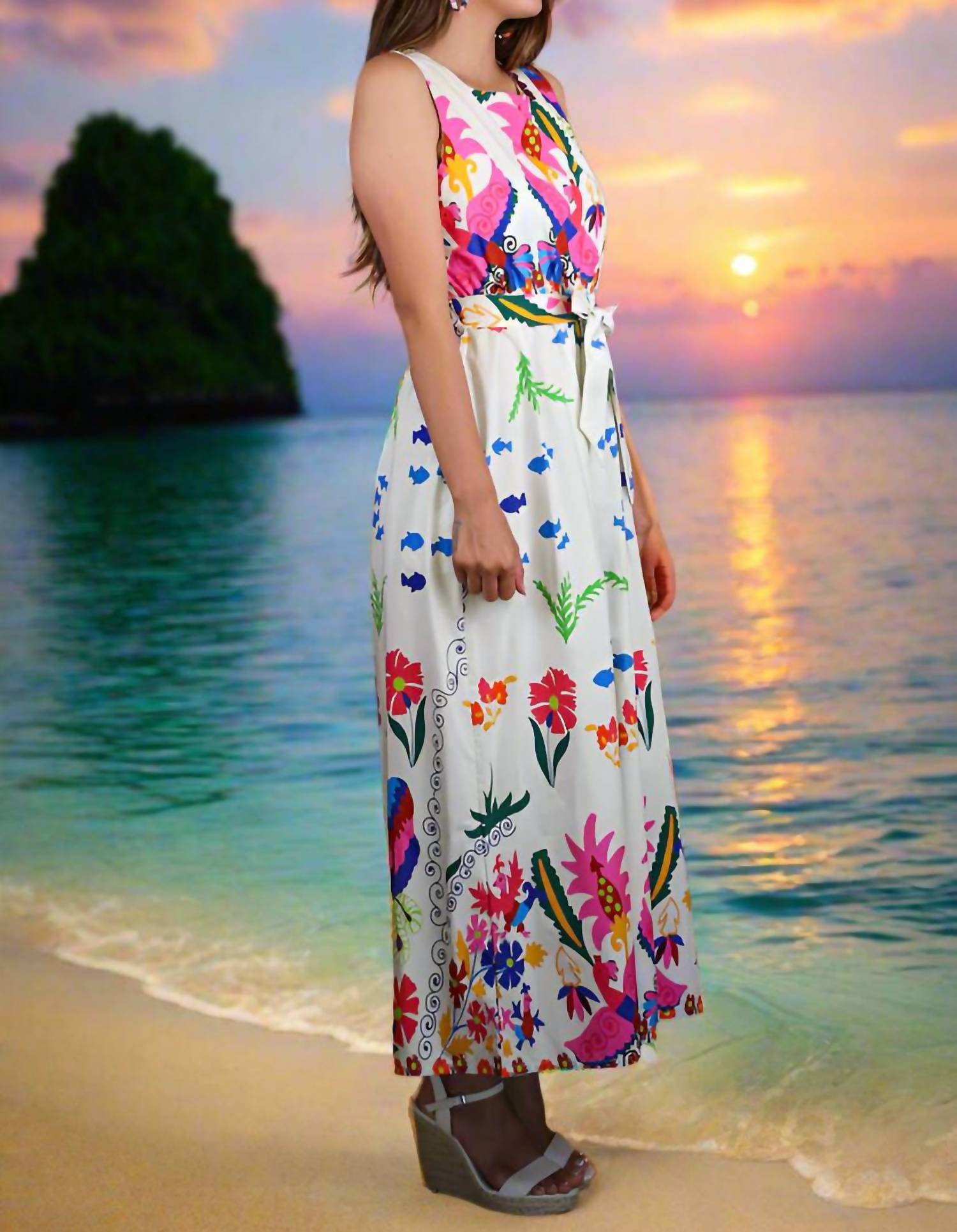Zenara - Tropical Print Sleeveless With Self-tie Belt Jumpsuit