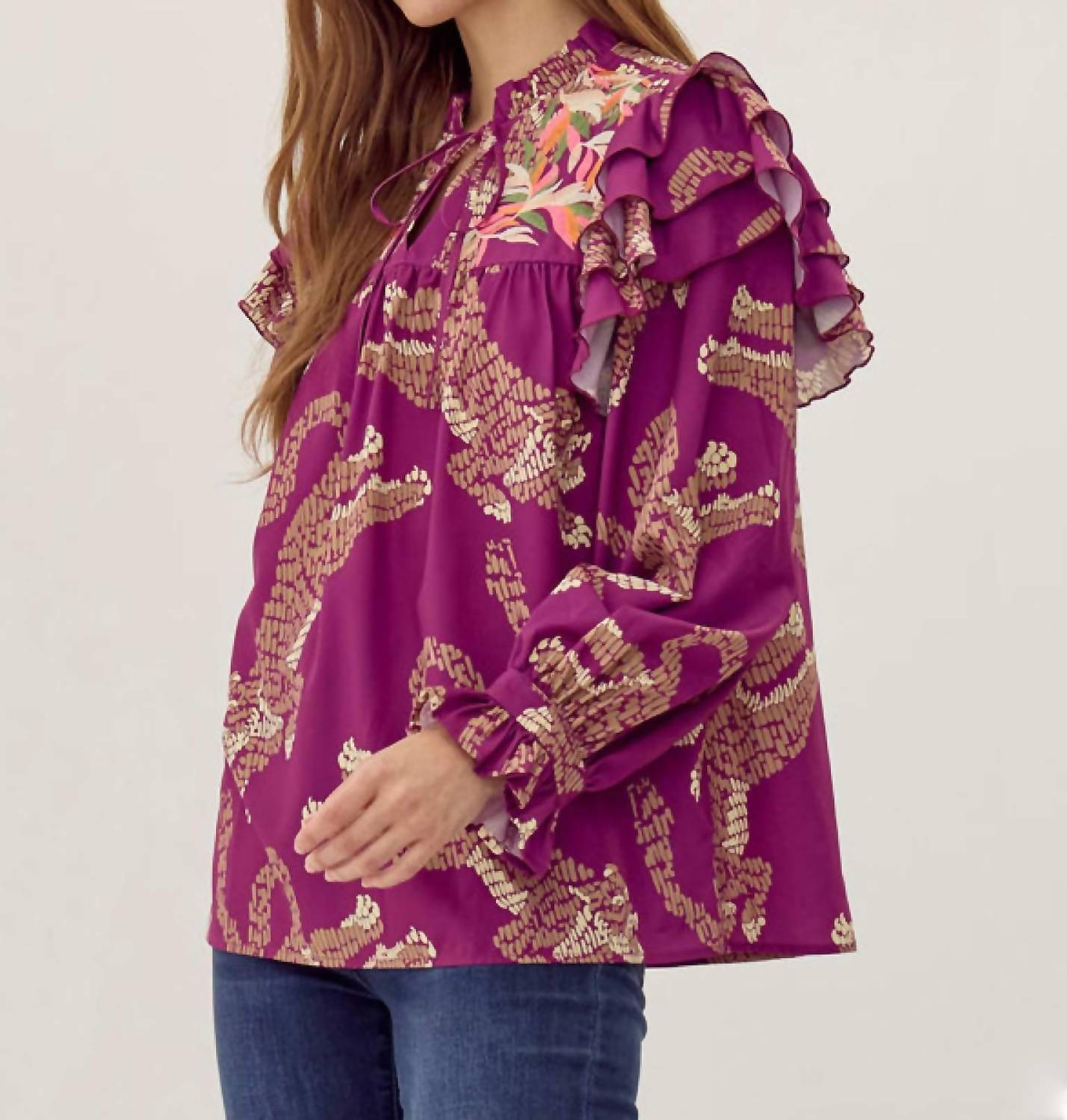 Jodifl - Tiger Print Ruffle Sleeve Top