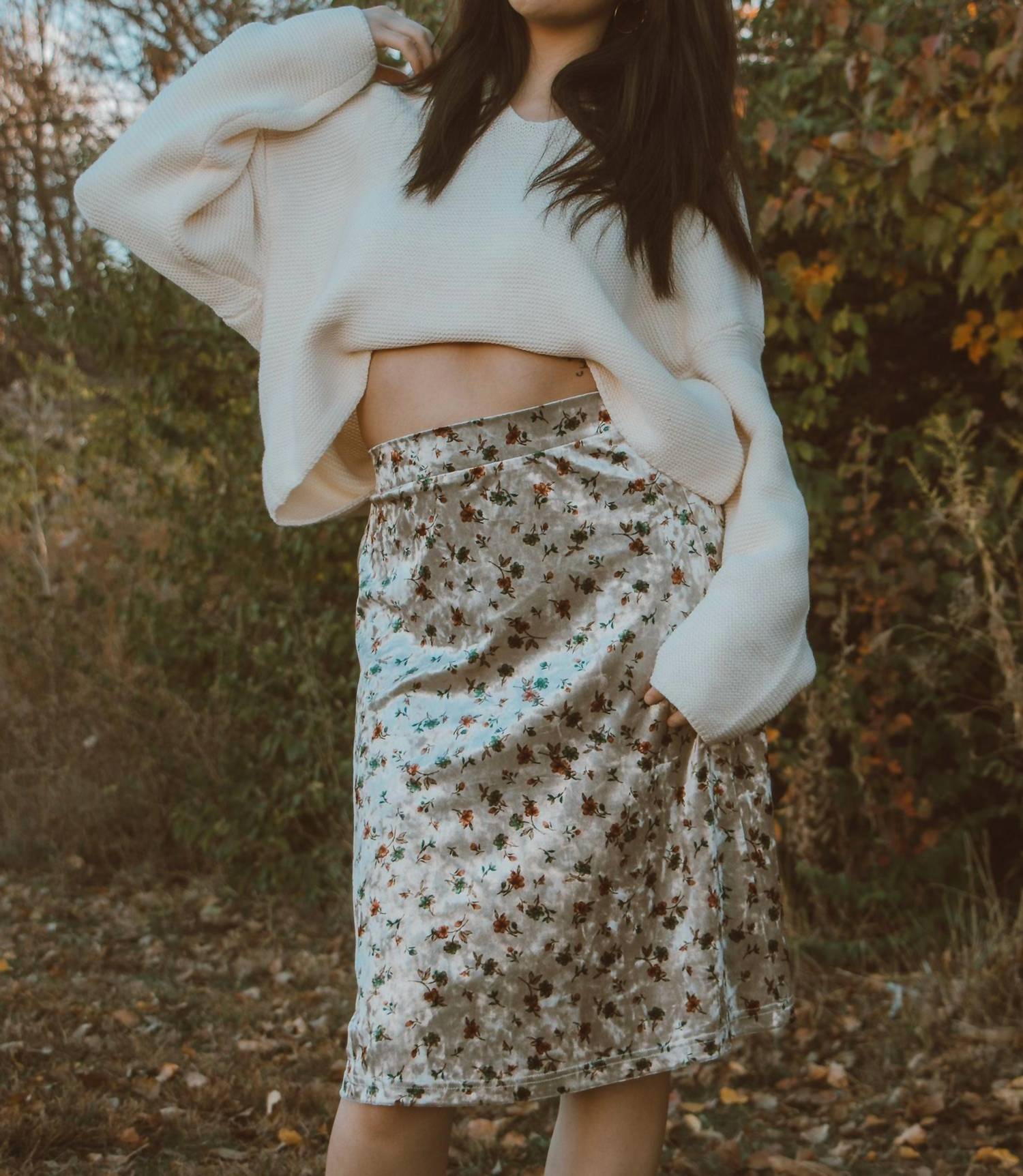 Mikarose Vintage Garden Velvet Midi Skirt in floral - women's skirt - detail view