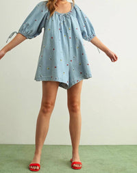 Miou Muse - EMBROIDERED DENIM ROMPER