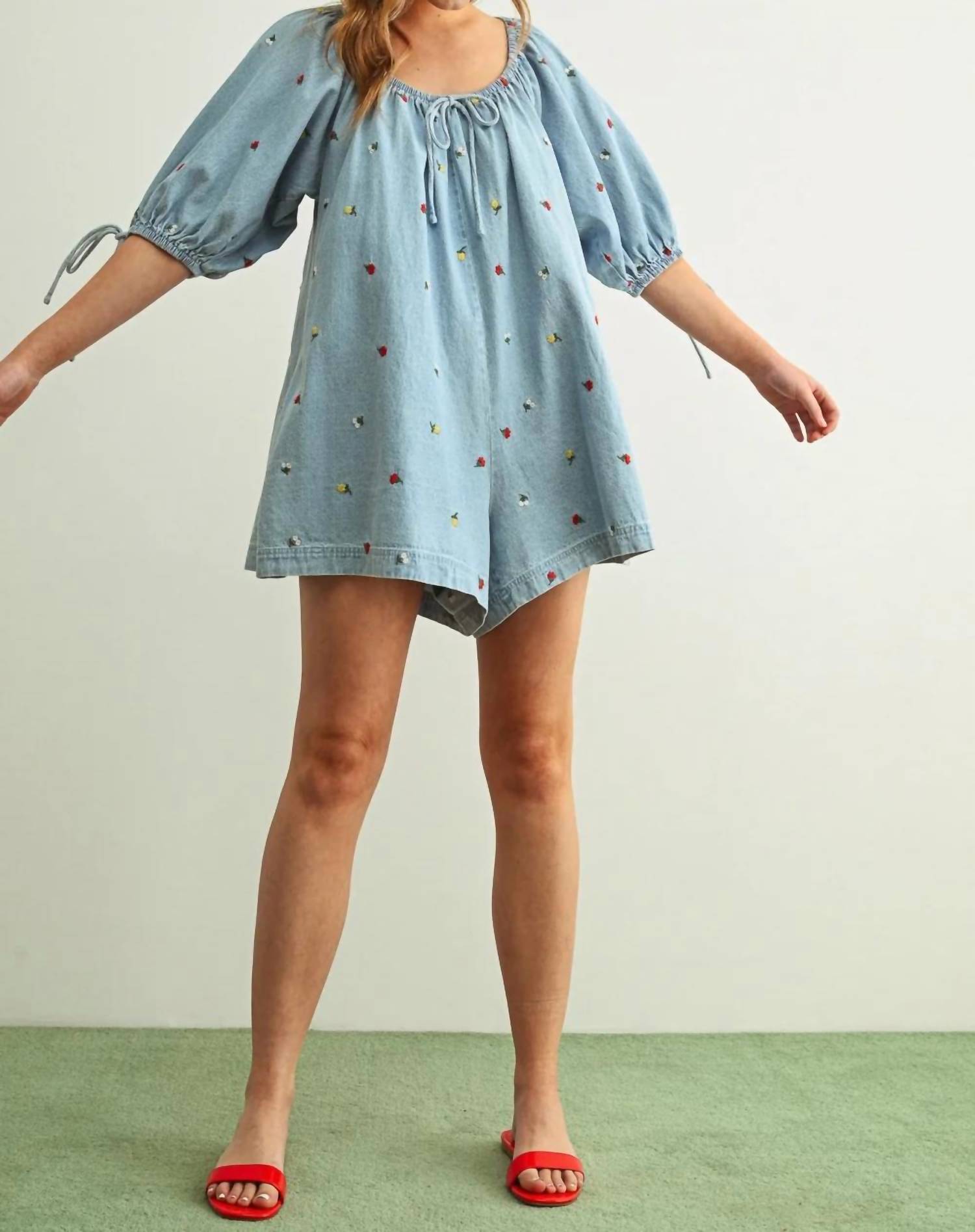 Miou Muse - EMBROIDERED DENIM ROMPER
