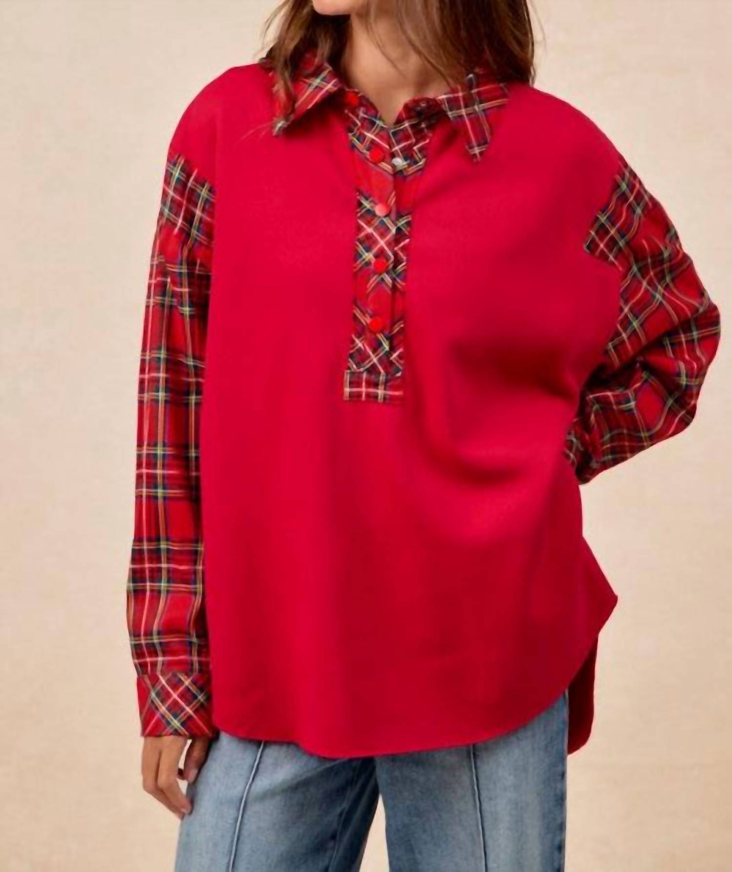 Bibi - Christmas Plaid Collared Top