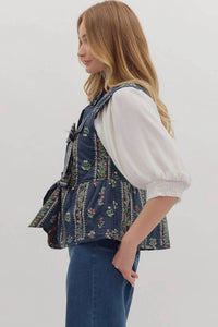 Entro - Quilted Botanical Print Sleeveless Peplum Vest