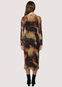 LOST + WANDER Luminous Shadow Power Mesh Midi Dress in brown multi - women's dress - alternate view