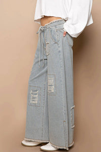 Pol - Wide Distressed Striped Denim Pants "Waist Strap"