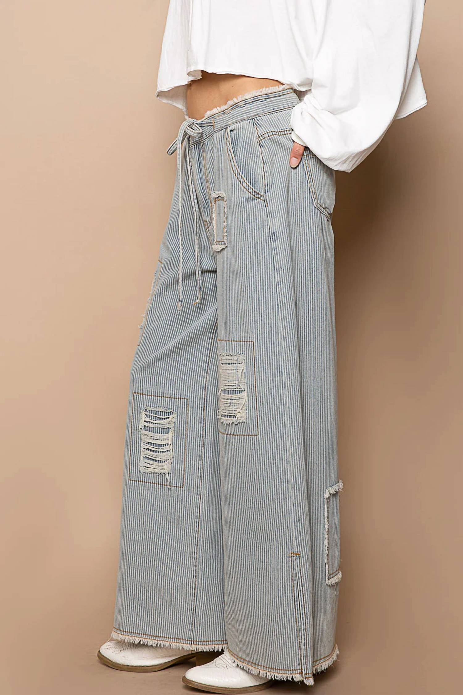 Pol - Wide Distressed Striped Denim Pants "Waist Strap"