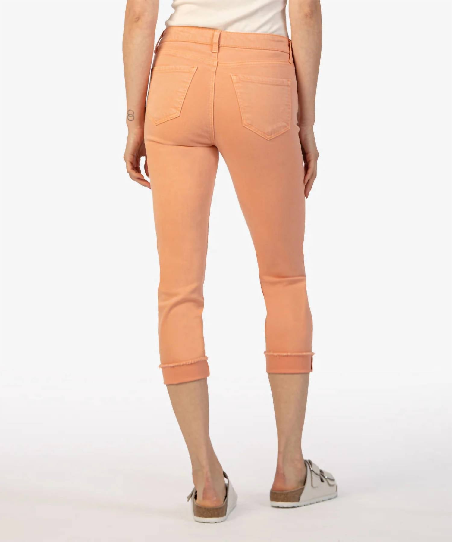 KUT FROM THE KLOTH Amy Crop Mid Rise Straight Leg Jeans in cantaloupe - women's jeans - detail view