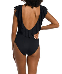 La Blanca Island Goddess Over The Shoulder Ruffle Plunge One Piece in black - women's swimwear - view 5