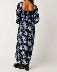 Free People Jaymes Floral Smocked Long Sleeve Maxi Dress in black combo - women's dress - detail view