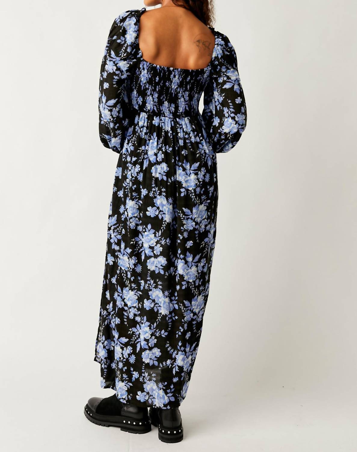 Free People Jaymes Floral Smocked Long Sleeve Maxi Dress in black combo - women's dress - detail view