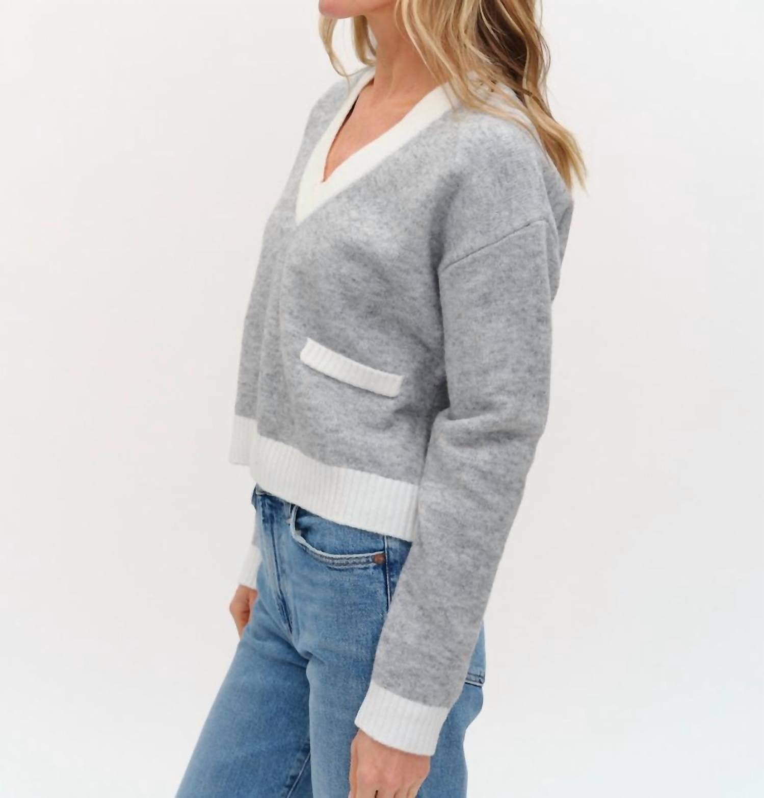 SIX/FIFTY Libby V-Neck sweater in heather gray - women's sweater - detail view