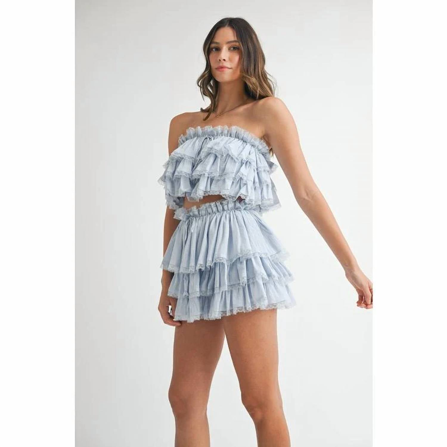Mable - Ruffle Layered Crop Top And Mini Skirt Set