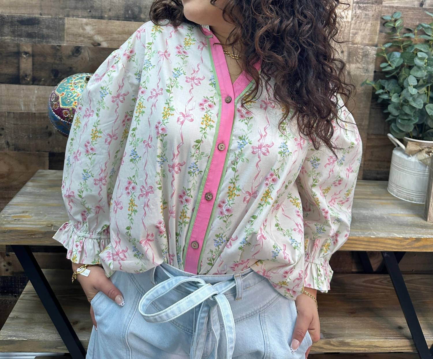 Easel - Ribbon Coquette Floral Ruffle Collar Top