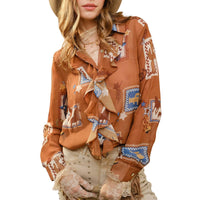 Blue B - Western Print Ruffle Sheer Blouse