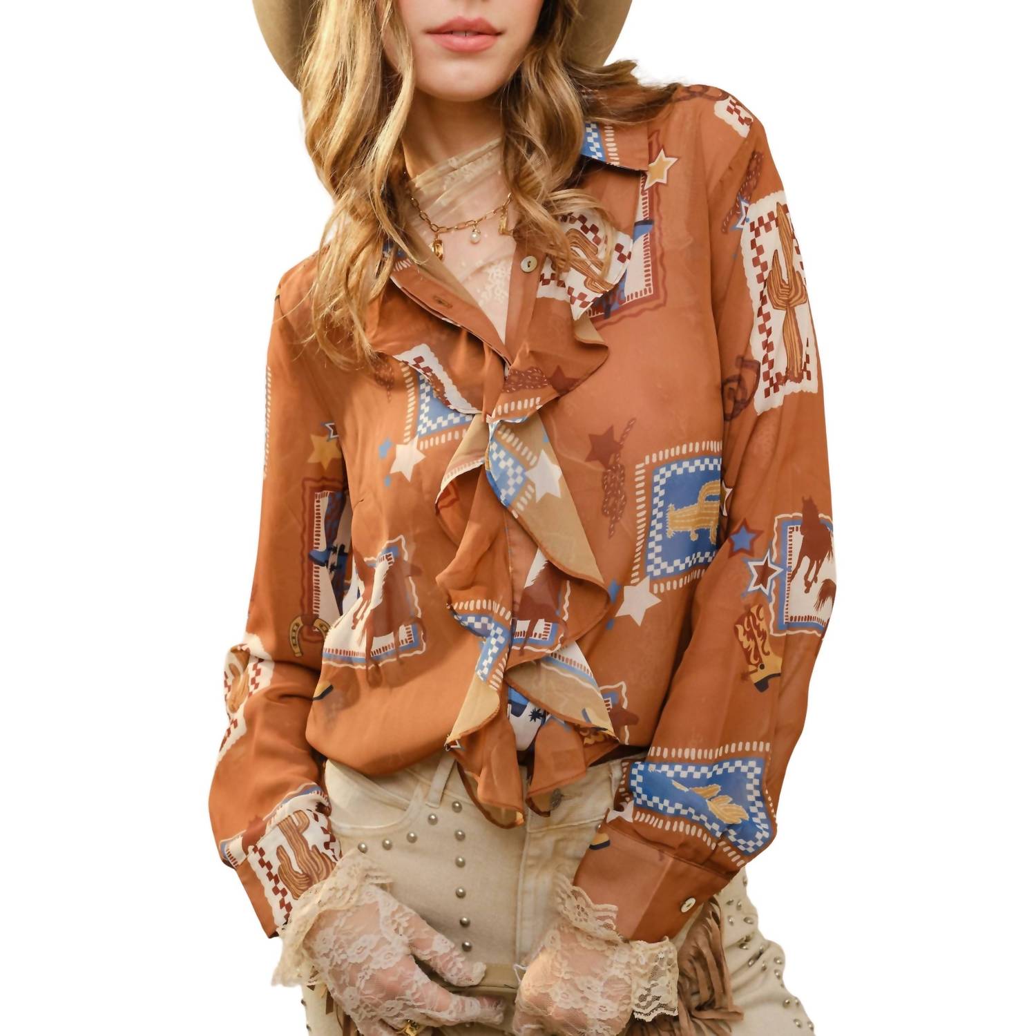 Blue B - Western Print Ruffle Sheer Blouse