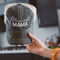 Katydid - Women's Blessed Mama Script Embroidered Distressed Trucker Hat