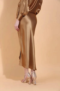 Jessie Liu - Asymmetrical Hem Satin Slip Midi Skirt