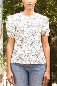 PAPARAZZI Embroidered French Terry Puff Sleeve Top in ivory black - women's blouse