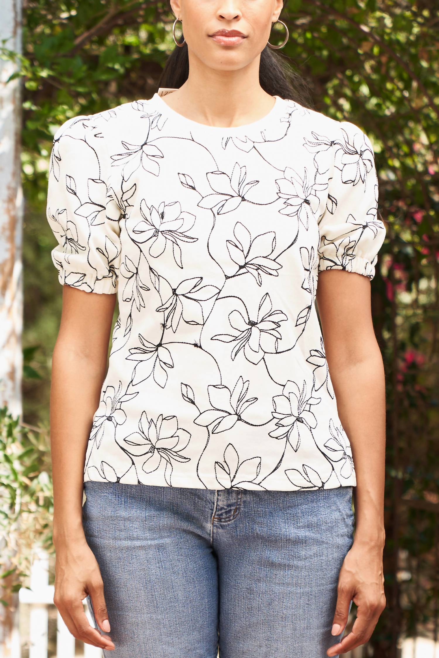 PAPARAZZI Embroidered French Terry Puff Sleeve Top in ivory black - women's blouse