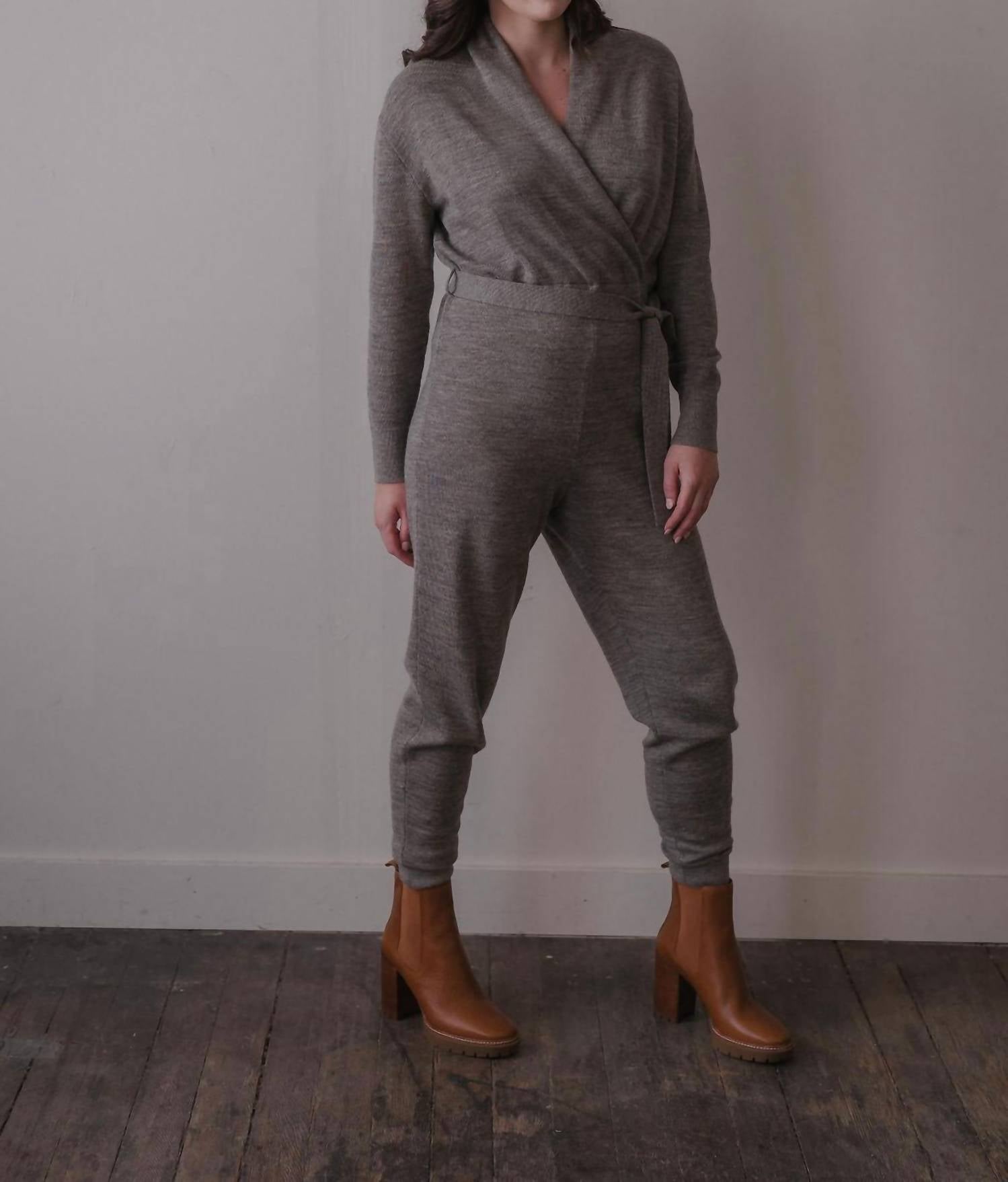 SSKEIN Wrap Neck Jumpsuit in grey heather - women's pants