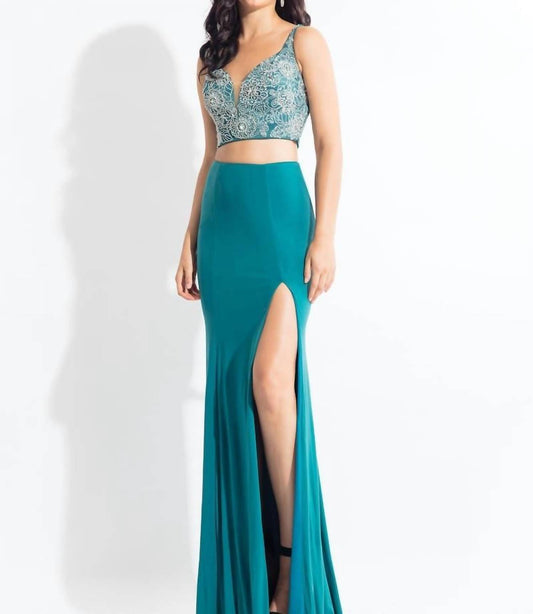 Rachel Allan - Two-piece Jersey Embroidered Gown With High Slit