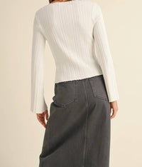 MIOU MUSE Lily Ribbed Long Sleeve Top in white - women's long sleeve top - detail view