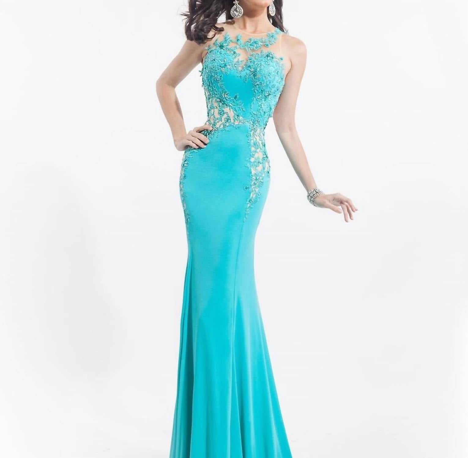 Rachel Allan - Lace Applique On A Fitted Jersey Prom Gown