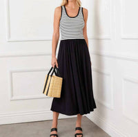 Karen Kane - Sleeveless Stripe Bodice Mixed-Media Midi Dress