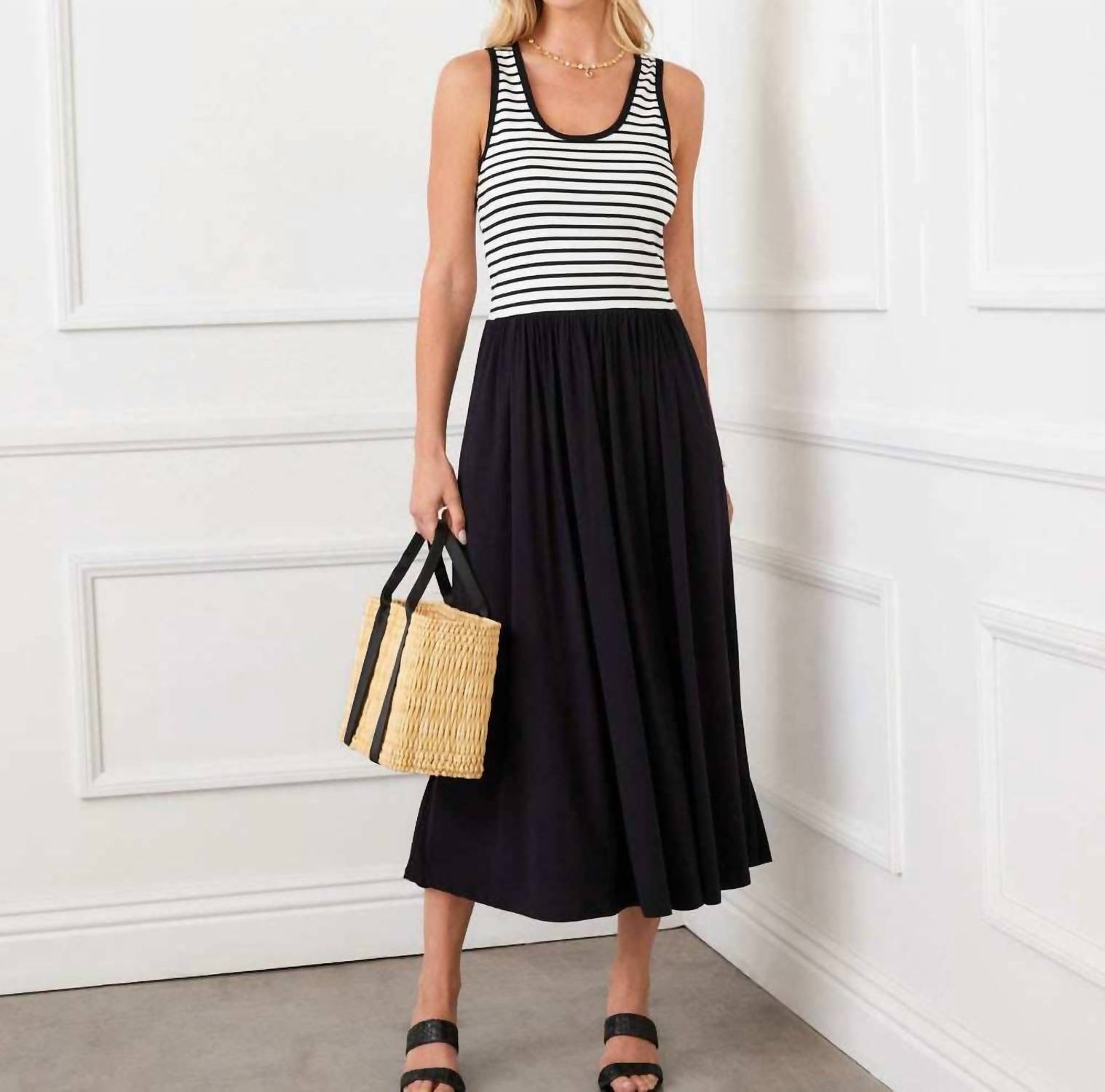 Karen Kane - Sleeveless Stripe Bodice Mixed-Media Midi Dress