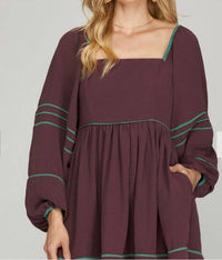 SHE + SKY Long Sleeve Dress With Contrast Binding Detail Smocked Back in cocoa - women's dress - detail view