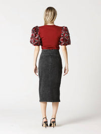 Gracia - High Rise Midi Denim Skirt