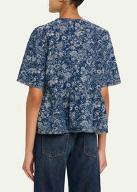 Ganni - Tapestry Denim Peplum Short Sleeve Blouse
