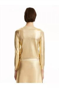 Oscar de la Renta Long Sleeve Foil Lace Embroidered Cardigan in gold - women's cardigan - detail view