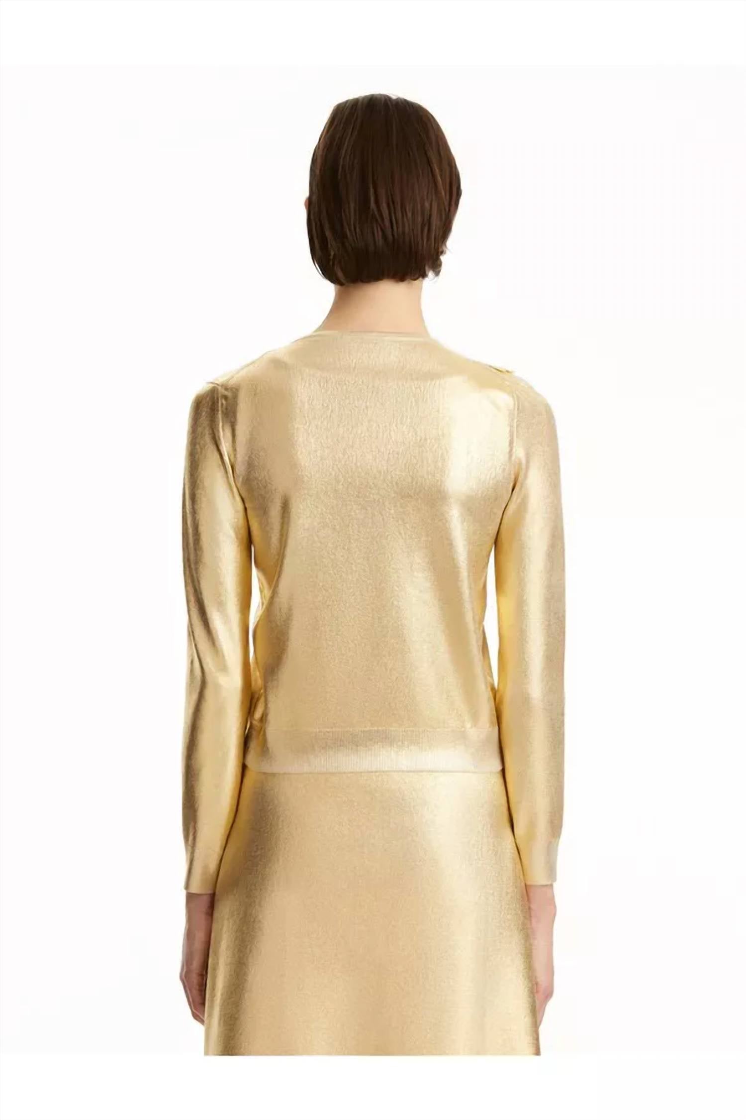 Oscar de la Renta Long Sleeve Foil Lace Embroidered Cardigan in gold - women's cardigan - detail view