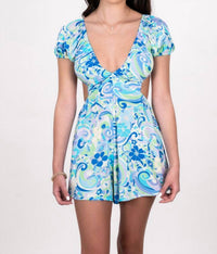 Sky to Moon Cutout Waist Swirl Print Romper in waive beach - women's pants