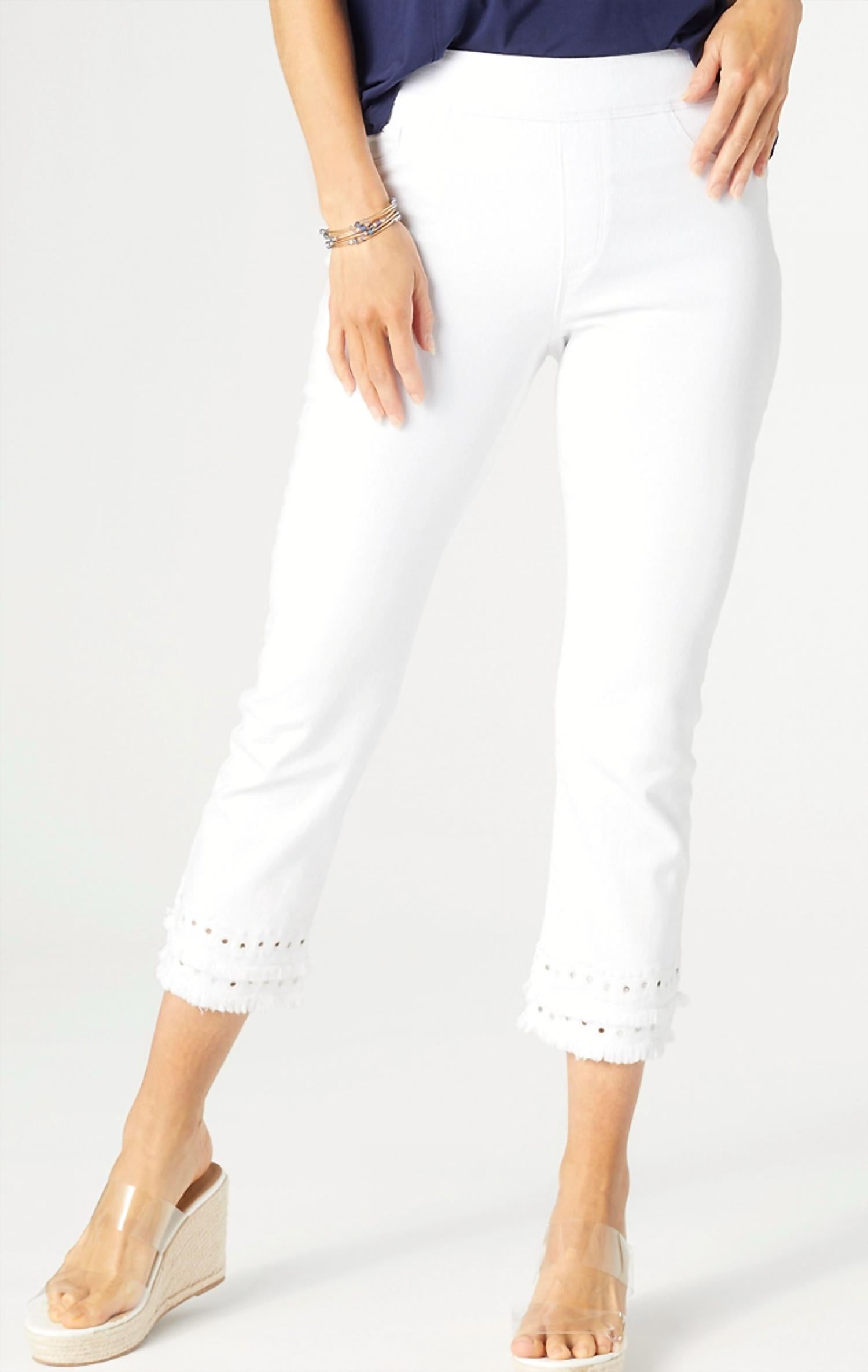 COCO + CARMEN Omg Capri Jeans With Embroidered Eyelet Trim in white - women's jeans