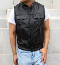 Ovlan Full Grain Cowhide Classic Leather Motorcycle Vest in black - men's jacket
