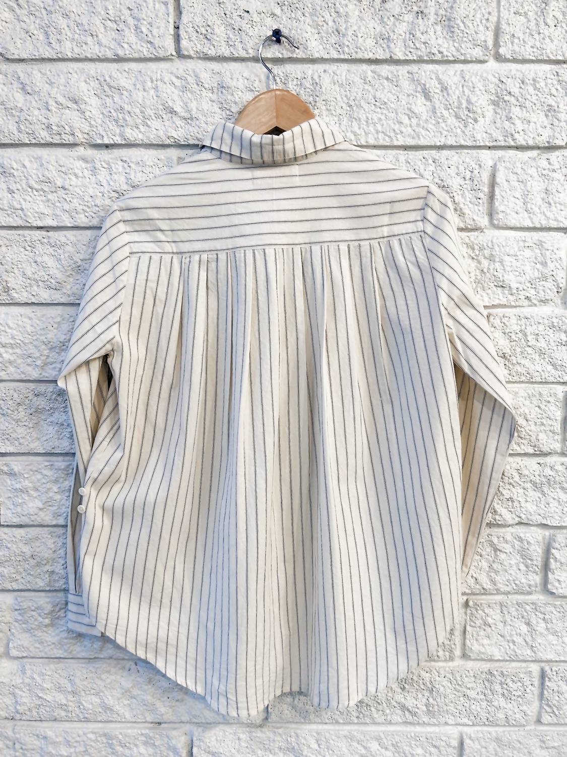APIECE APART Sodi Wrap Button Up in pina stripes cream navy - women's blouse - alternate view