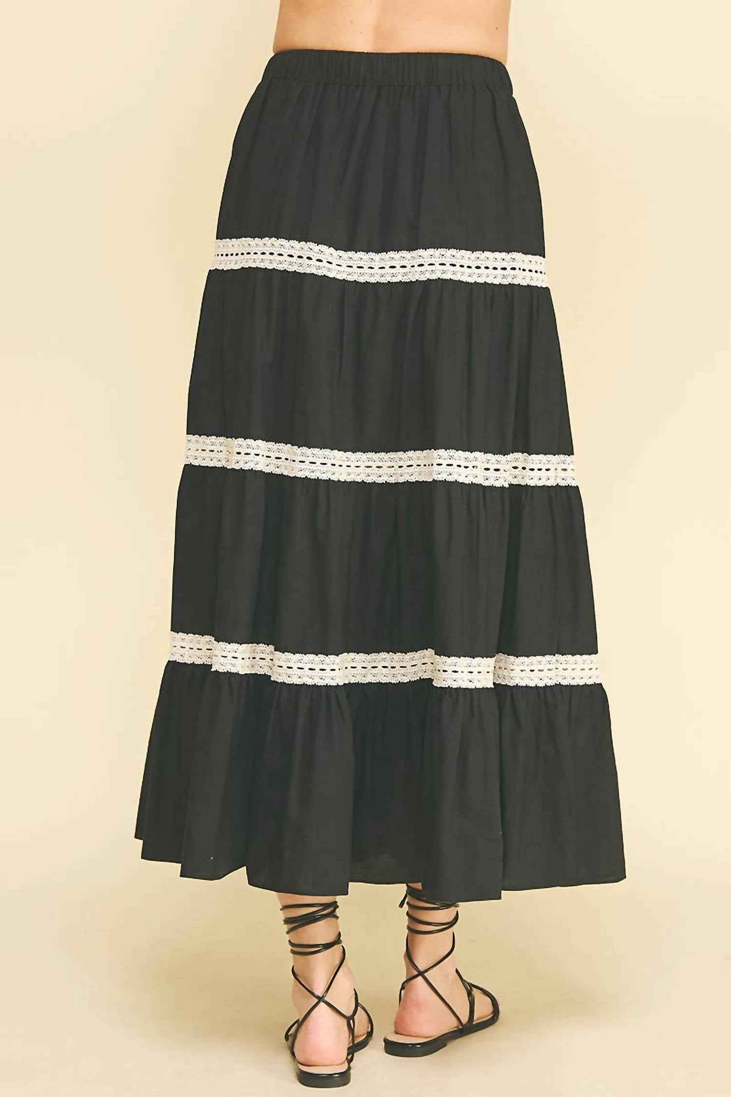 PINCH Embroidered Tiered Maxi Skirt in black - women's skirt - detail view