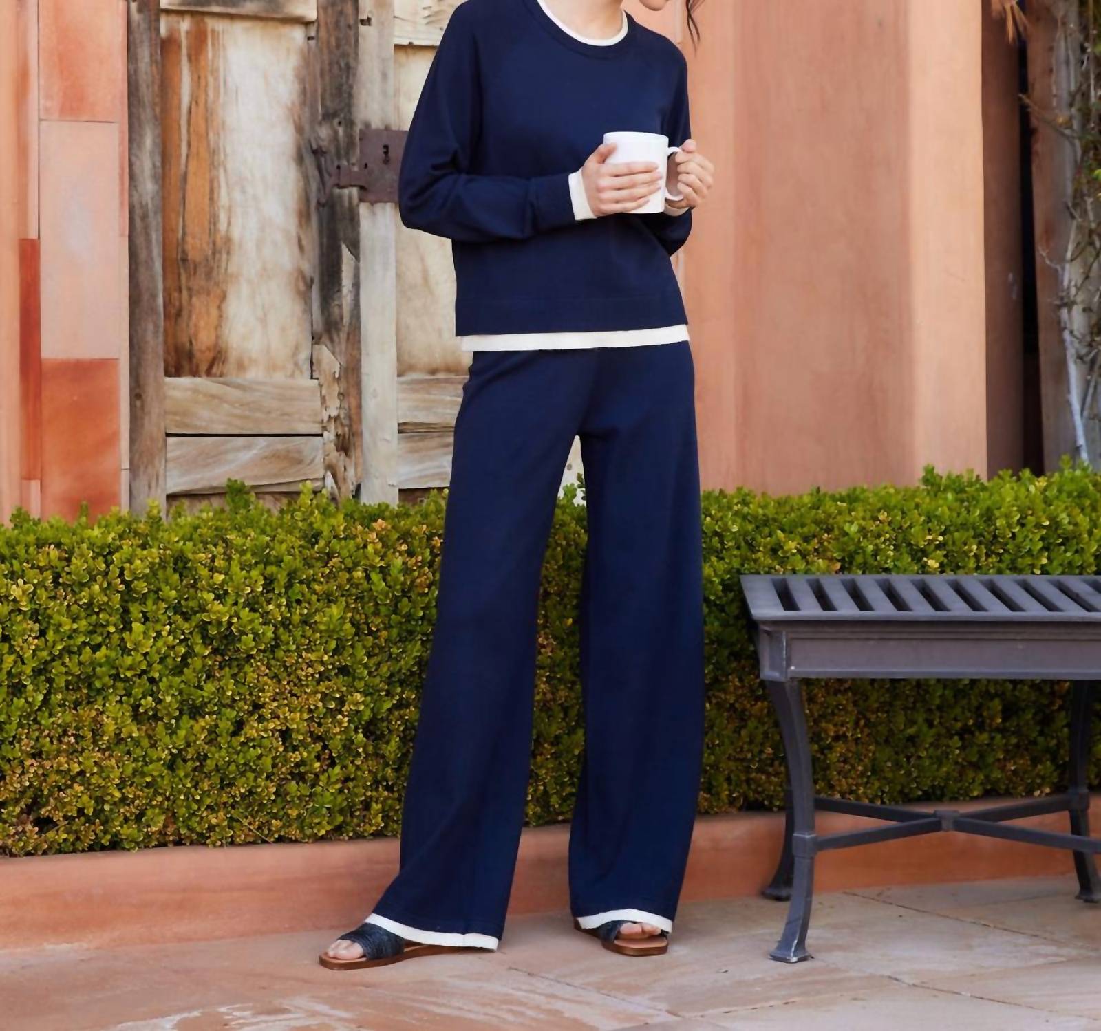 Karen Kane Contrast Drawstring Wide-Leg Sweater Pants in navy with cream - women's pants - view 5