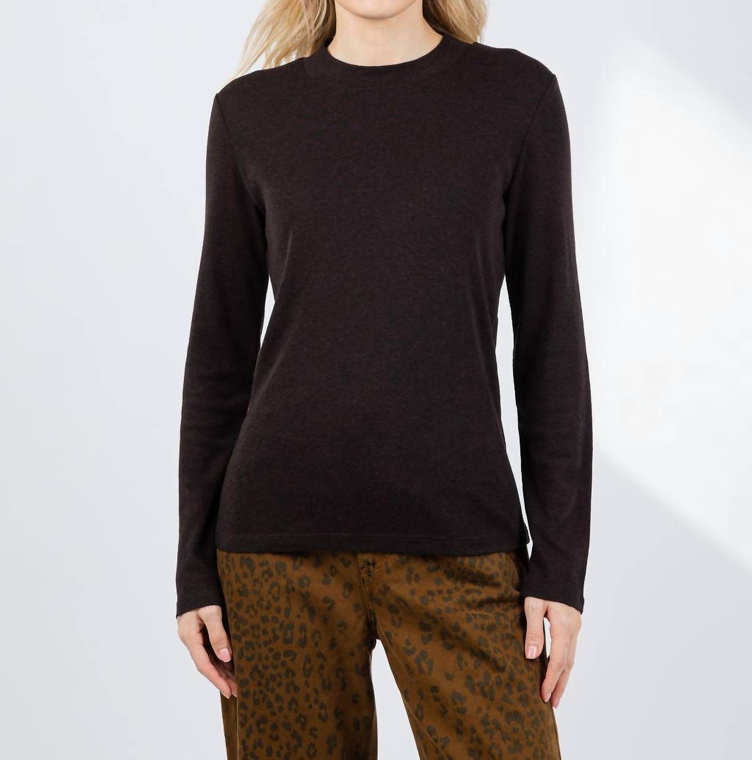 REPEAT cashmere Wool Blend Crew Top in dark brown - women's long sleeve top - detail view