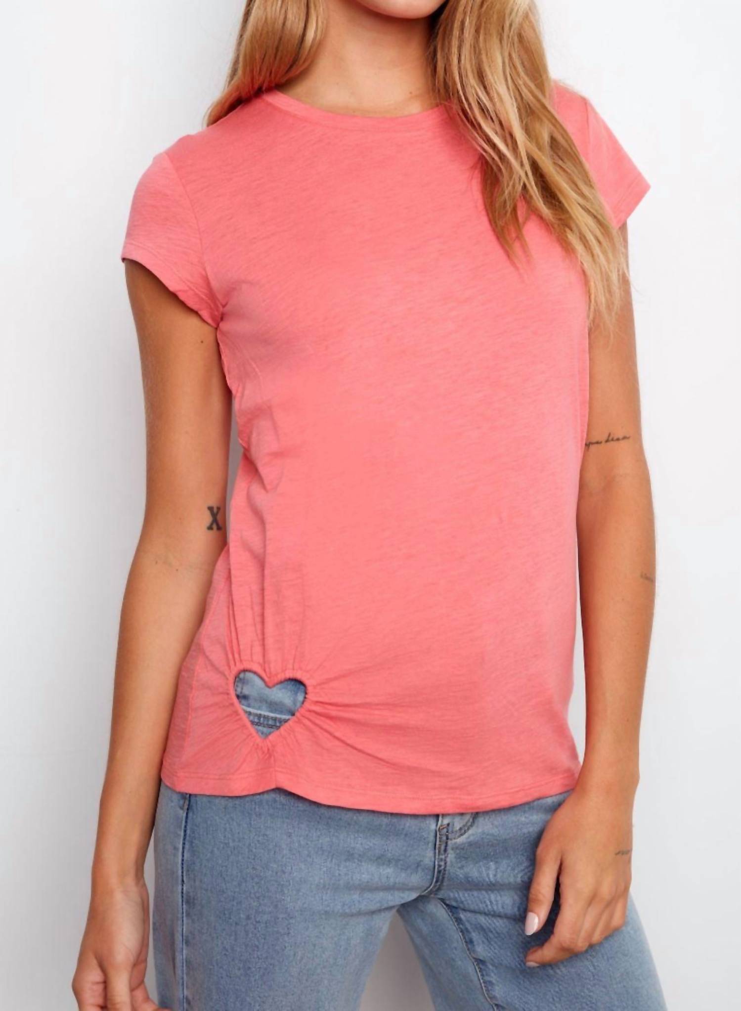 CHARLIE B Organic Cotton Heart Cut-out T-shirt in sorbet - women's t-shirt