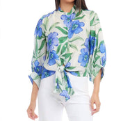 Karen Kane Fallon Floral Print Tie Front Top in blue - women's blouse