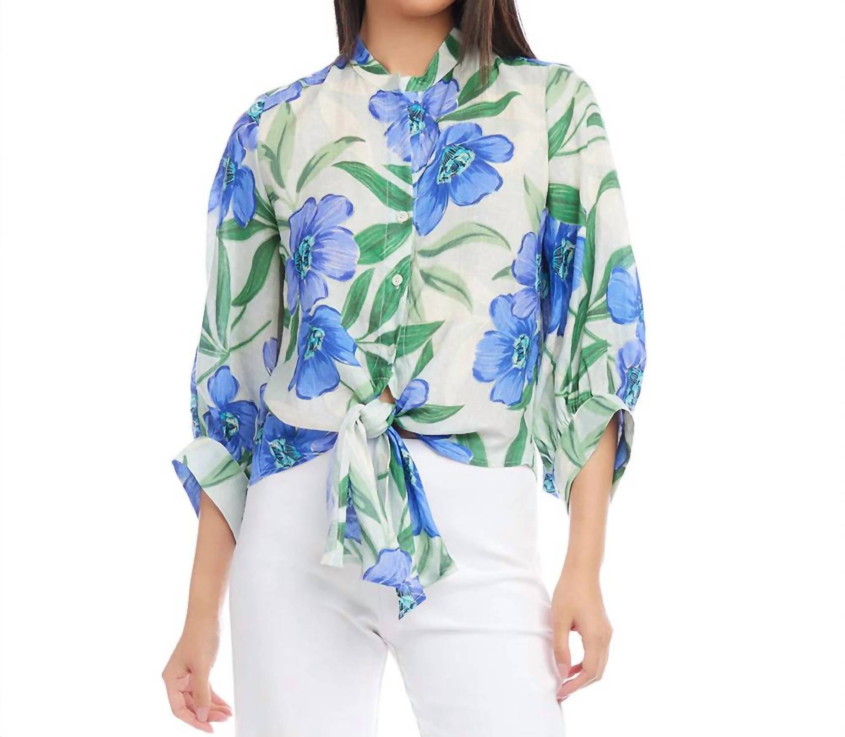 Karen Kane Fallon Floral Print Tie Front Top in blue - women's blouse