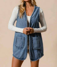 Bibi - Braided Trim Open Front Denim Vest With Pockets