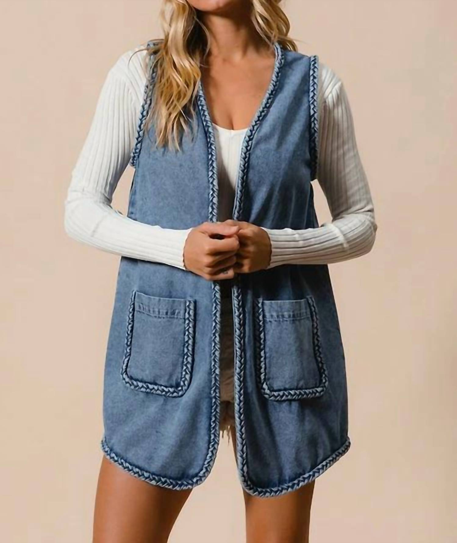 Bibi - Braided Trim Open Front Denim Vest With Pockets